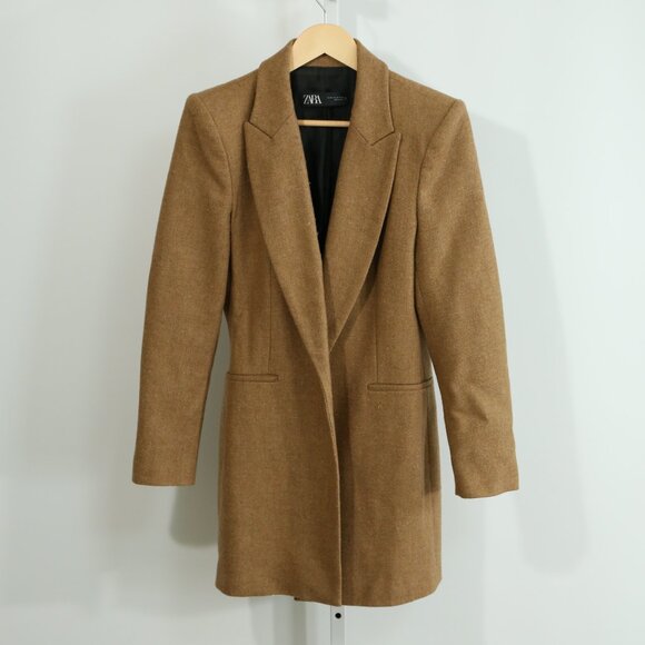 Zara Woman Camel Shetland Wool Long Coat Tailored Blazer Jacket Wool Blend small - Picture 1 of 9